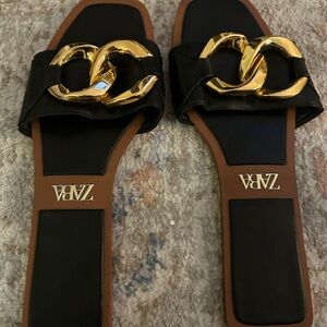 Zara Black Sandals with Gold Chain Detail